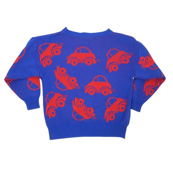 Vintage 80s Fetagetti Blue and Red Car Print Sweater - Picture 3 of 4
